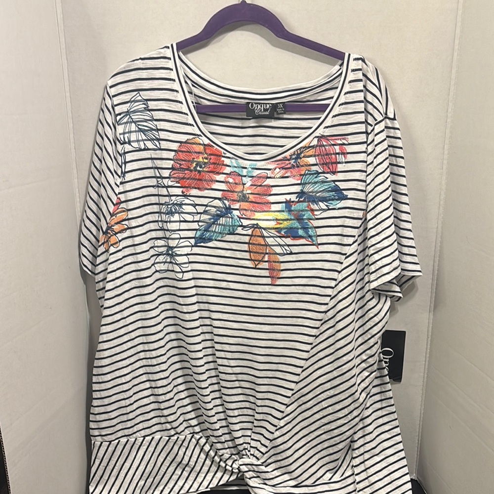 Floral Striped Women's Top - Black and White with sequence Onque Casuals size 3X